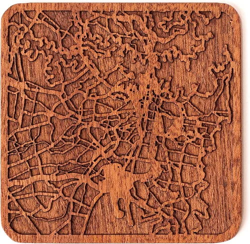 Miniatura 50 de Posavasos Amsterdam Map by O3 Design Studio, 1 pieza, posavasos de madera Sapele con mapa de la ciudad, hecho a mano, varias ciudades opcionales