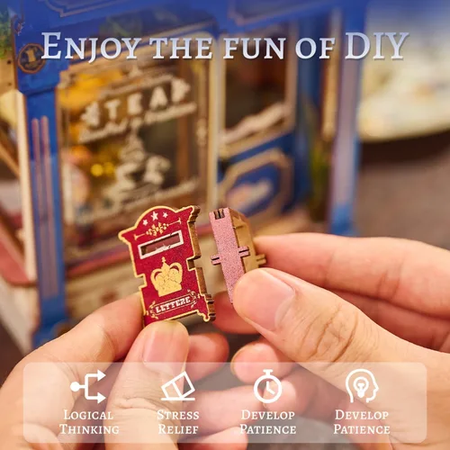 Miniatura 6 de Kit de rincón de libros, casa de té británica en miniatura, rompecabezas de madera 3D con luces LED, soporte para libros pequeño y decoración