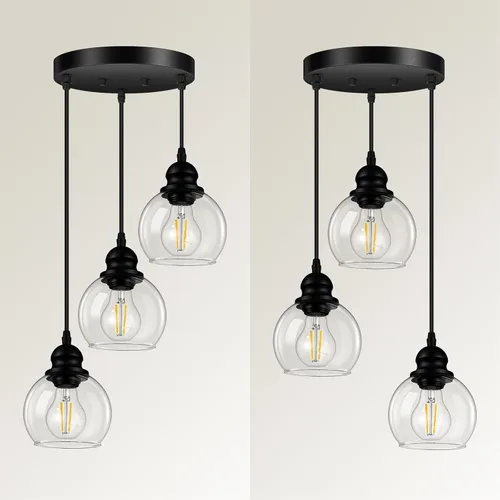 Miniatura 2 de Lámpara colgante de 3 luces, lámpara de techo colgante con pantalla de vidrio transparente, color negro mate, iluminación colgante de altura