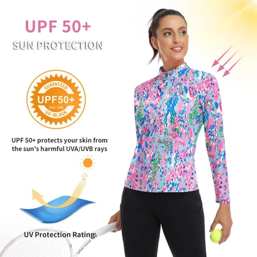 Miniatura 9 de WOWENY Camiseta deportiva de manga larga para mujer, con cremallera de un cuarto, cuello para entrenamiento, camiseta de tenis con estampado