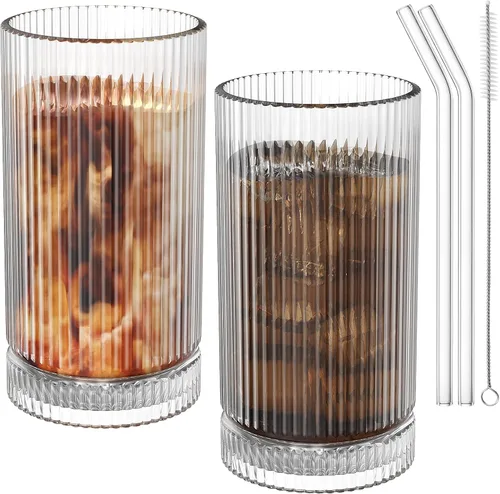 CWHHRN Vasos de vidrio de 15 onzas con pajitas, cristalería vintage para whisky, cóctel, cerveza, tazas de café helado y vasos para beber (paquete