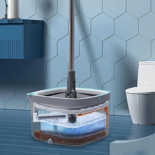 Miniatura 2 de Trapeador giratorio y cubo con compartimentos separados para agua limpia y sucia, versión mejorada 2025 con cepillo lateral y mango de pie, Gris