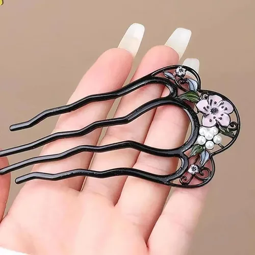 Miniatura 3 de Paquete de 2 horquillas con patrón de flores en forma de U para moños, palillos creativos de 4 puntas, dientes de metal, pinzas de horquilla