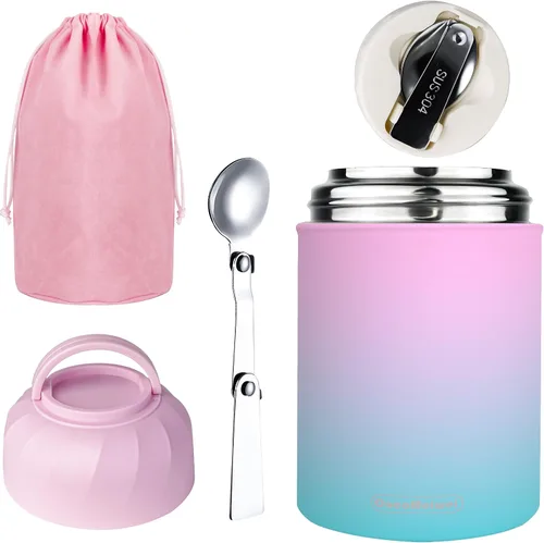 Miniatura 10 de Termo para alimentos y bebidas calientes, lonchera térmica, contenedor de alimentos aislado al vacío de 17 onzas con cuchara y bolsa con cordón