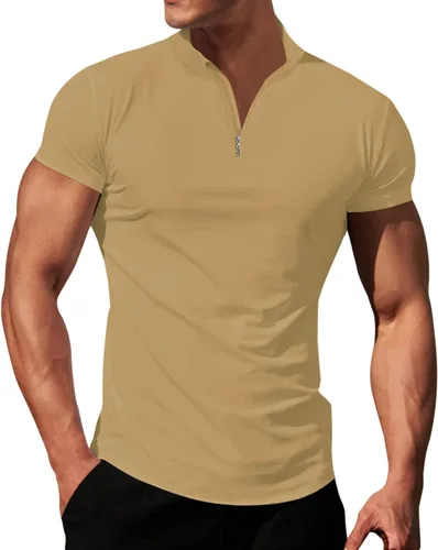 LOGEEYAR Camisa polo de manga corta con cuello en V y cremallera para hombre, corte ajustado, camiseta atlética Henley