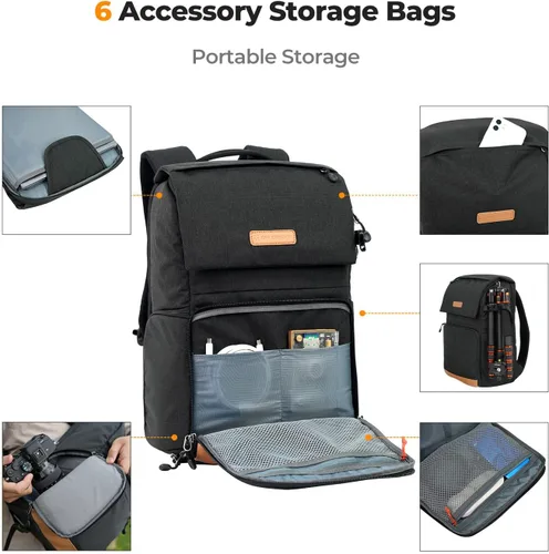 Miniatura 4 de K&F Concept Funda para cámara de 22L para fotógrafos, bolsas de cámara de gran capacidad con cubierta impermeable, compartimento para laptop de 15.6