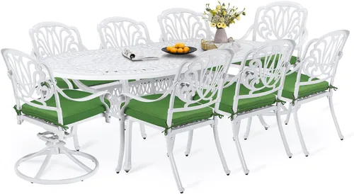 Miniatura 19 de Juego de comedor de patio de 9 piezas, mesa y sillas de patio al aire libre, mesa de comedor ovalada de aluminio fundido de 84 pulgadas con agujero