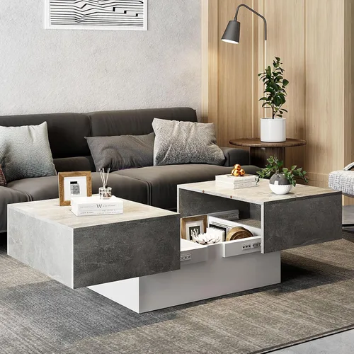 Miniatura 10 de HedoAjim - Mesa de café LED negra con almacenamiento para sala de estar, mesa de centro rectangular para sala de estar, mesas de café modernas