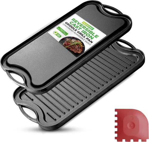 Miniatura 8 de NutriChef Plancha reversible de hierro fundido de 18 x 10 pulgadas, parte superior plana pre-sazonada y lado de la parrilla acanalada, parrilla