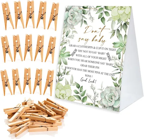 Miniatura 5 de Juego de pinzas para la ropa de baby shower, un cartel de papel recubierto de 5 x 7 pulgadas y 50 pinzas naturales para la ropa, baby shower