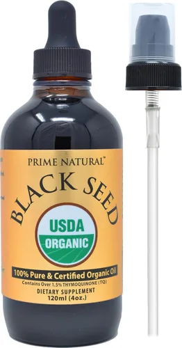 Aceite de semilla negra orgánico Prime Natural 120 mL - Prensado en frío sin refinar, alto contenido de timoquinona 1.7%, certificado USDA - Origen