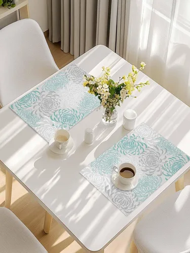 Miniatura 7 de Juego de 4 manteles individuales para mesa de comedor, diseño de crisantemo, color aguamarina, lino de algodón, impermeable, fácil de limpiar