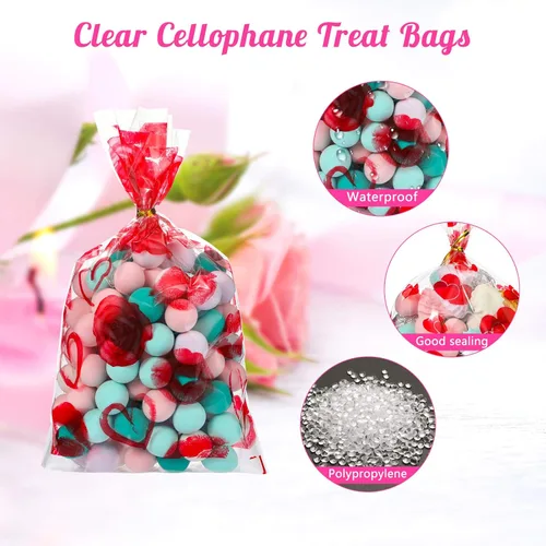 Miniatura 2 de Zonon Bolsas de celofán de San Valentín, dulces de corazón, bolsas transparentes de regalo para fiestas, con 700 lazos giratorios para el día de San