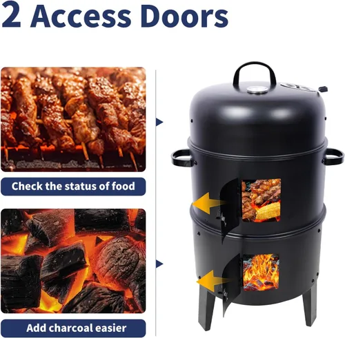 Miniatura 7 de Ahumador vertical de carbón de 16 pulgadas, mini parrilla de barbacoa, hoguera, 3 en 1 con termómetro integrado, ventilación de aire ajustable