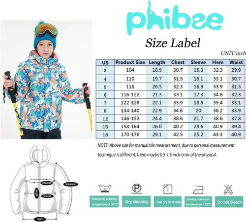 Miniatura 3 de PHIBEE Chaqueta de esquí impermeable transpirable para niños grandes