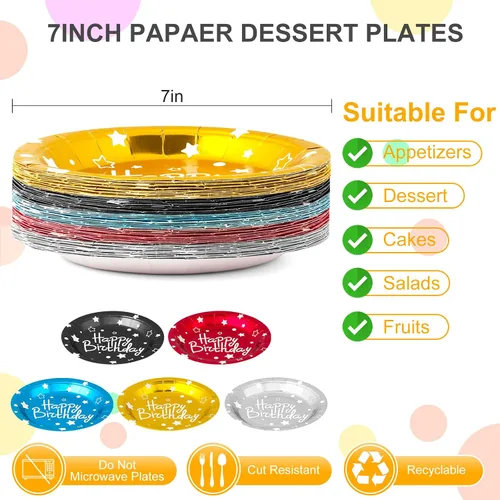 Miniatura 2 de Platos de papel de fiesta de feliz cumpleaños, platos de postre coloridos, 50 piezas de 7 pulgadas, 50 piezas de suministros de fiesta, cinco