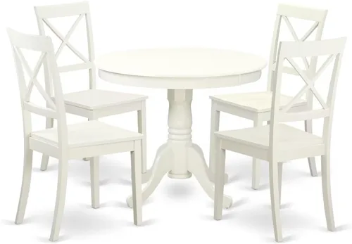 East West Furniture ANBO5-LWH-W - Juego de comedor antiguo de 5 piezas para 4 personas, incluye una mesa de cocina redonda con pedestal y 4 sillas