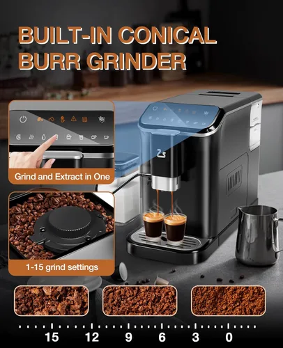 Miniatura 6 de Máquina automática de café expreso con presión de 20 bares, cafetera de un solo toque, molinillo integrado y espumador de leche, 6 recetas Negro