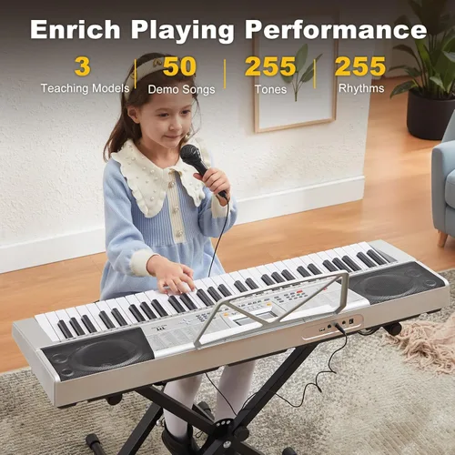 Miniatura 2 de MUSTAR Teclado de Piano de 61 Teclas, Teclado de Piano Eléctrico MEKS-400 con Teclas Iluminadas, Teclados de Piano de Aprendizaje para Plateado