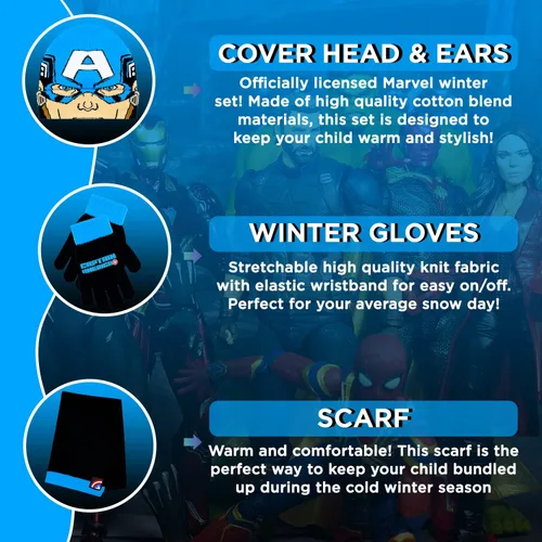 Miniatura 2 de Marvel Avengers - Juego de 3 pañuelos y guantes de nieve para niños, suave y cálido gorro con pompones, bonito uso al aire libre para niños y niños