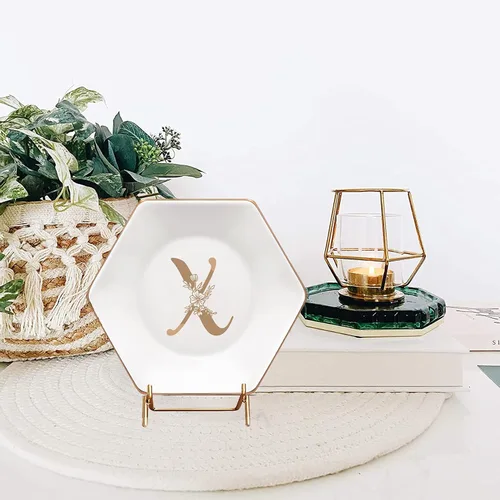 Miniatura 3 de CARAKNOTS Bandeja de joyería, regalos de Navidad, plato con anillo en X con monograma floral dorado, regalos personalizados para mujeres, plato