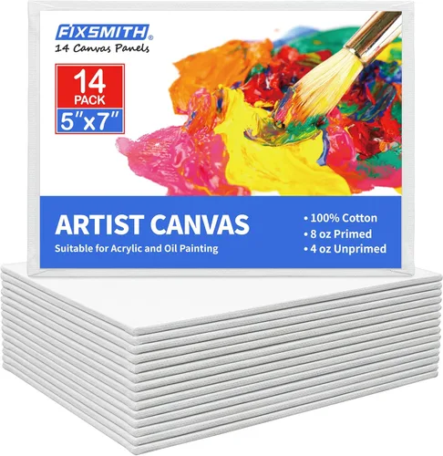 FIXSMITH Lienzos para pintar - Paquete de 14 paneles de lona – 5 x 7 pulgadas paneles de lienzo para pintar – 100% lienzos de algodón imprimados –