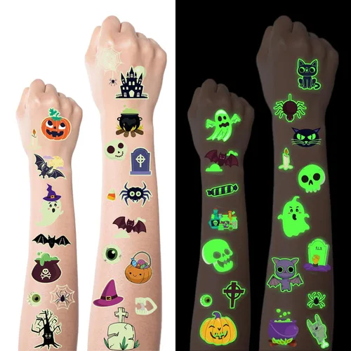 Ozepao Juego de 10 hojas de calcomanías temporales de tatuaje de Halloween, 88 diseños únicos con calabazas, calaveras, esqueletos, fantasmas,