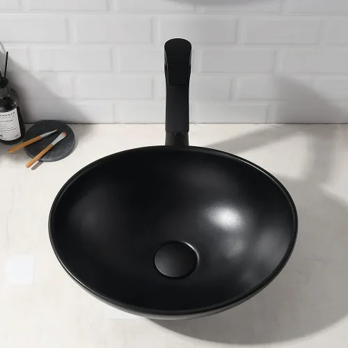Miniatura 8 de Fregadero de recipiente negro mate de 16 x 13 con grifo y drenaje combinado, fregadero de baño ovalado de porcelana sobre el mostrador Mate negro
