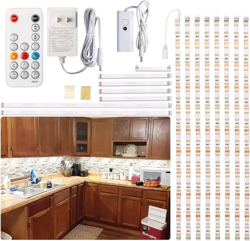 Miniatura 9 de WOBANE Iluminación debajo del gabinete, 8 tiras de luces LED con control remoto y adaptador de 24 W, cinta de luz ultra brillante de 240 LED