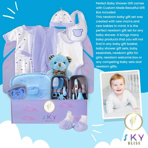 Miniatura 3 de Sky Bliss Set de regalo para bebé de 20 piezas (azul), juego de regalo para bebé recién nacido, ropa de bebé, oso de peluche, chupete, kit de aseo