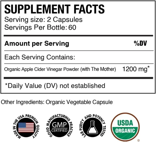Miniatura 2 de Vinagre de sidra de manzana orgánico con la madre - Cápsulas de 1200 mg para un bienestar óptimo, sin gluten, sin OMG, 120 cápsulas vegetales
