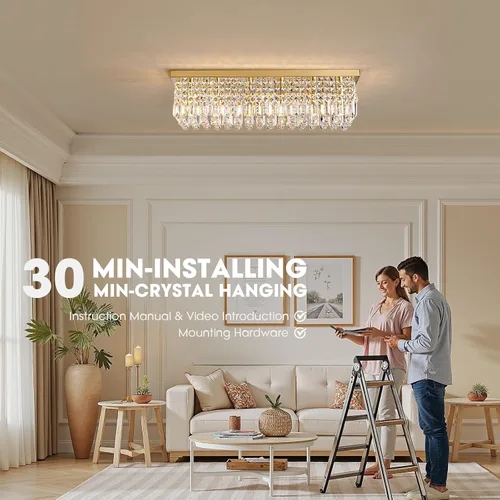 Miniatura 6 de Candelabros Modernos de Cristal para Lámpara de Comedor, Candelabro de Techo Rectangular Dorado de 6 Luces para Isla de Cocina y Sala de Estar