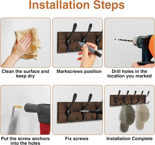 Miniatura 7 de Perchero de madera resistente para pared, paquete de 2 perchas de pared con 5 ganchos triples para ropa, chaqueta, sombrero, llaves, organizador