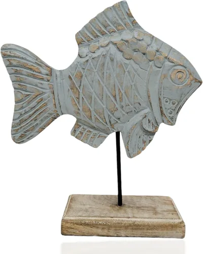 Miniatura 12 de Beau - Estatua de pescado de mantequilla en base Escultura de pescado de madera hecha a mano para casa náutica de playa, centro de mesa rústico