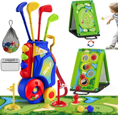 HYES Juego de golf 3 en 1 para niños pequeños con tapete de putting y juego de golf, club de golf para niños con 8 bolas, 4 palos de plástico,
