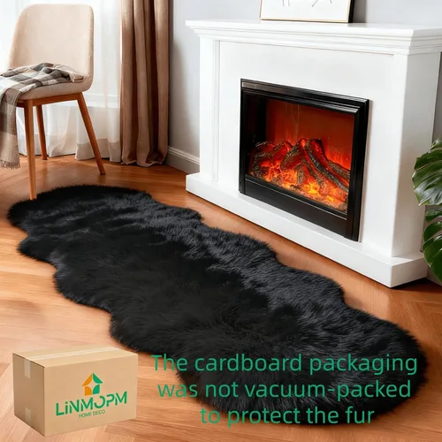Miniatura 3 de linmopm Alfombra de piel sintética de pelo lanudo esponjoso negro de 2x6 pies para dormitorio, cabecera de la cama, suelo, sala de estar, cojín