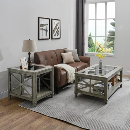 Miniatura 5 de LEEMTORIG Mesa auxiliar rústica grande, mesas auxiliares grises con vidrio templado para sala de estar, mesa auxiliar cuadrada industrial de madera
