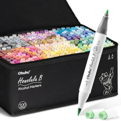 Ohuhu Marcadores de alcohol recargables de 320 colores, punta de pincel, juego de marcadores de bocetos artísticos a base de alcohol de doble punta