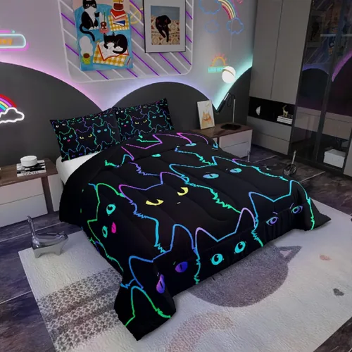 Miniatura 2 de Erosebridal Edredón de Gatos Lindos para Niños con Líneas de Arcoíris Neón, Juego de Ropa de Cama Individual para Niñas, Niños y Adolescentes, Gatos