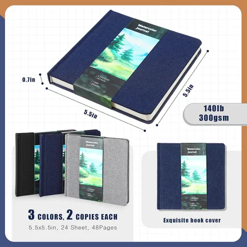 Miniatura 3 de Mooliwe 6 cuadernos de bocetos de acuarela, diario pequeño de acuarela de papel, a granel para pintar 300 GSM, 140 libras, algodón prensa en frío
