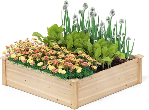 Miniatura 13 de Giantex Cama de jardín elevada de madera, 40 x 40 pulgadas, maceta cuadrada de madera de abeto con base abierta para verduras, flores, hierbas