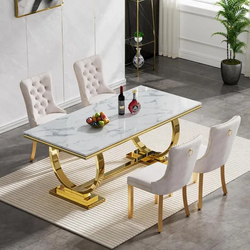 Miniatura 2 de HomVent Juego de mesa de comedor moderna de mármol sintético para 4 personas, mesa de cocina rectangular con 4 sillas beige (dorado)
