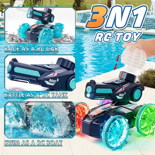 Miniatura 2 de Lehoo Castle Auto de control remoto anfibio, autos RC 4WD para niños de 8 a 12 años con pistola de agua, barco de control remoto para niños