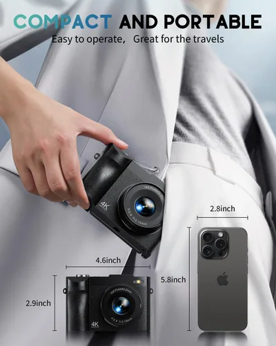 Miniatura 8 de Cámara digital 4K para fotografía, cámara de 50MP para videoblogs de YouTube, cámaras compactas con pantalla giratoria de 2.8" de 180°, zoom digital