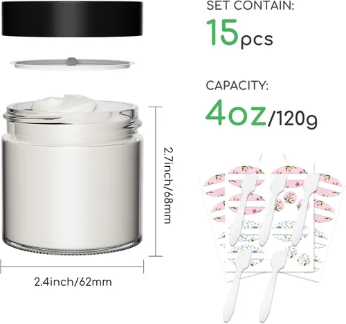 Miniatura 2 de Tarros de vidrio transparente con tapas de 4 onzas – Paquete de 15, tarros de vidrio vacíos de 4.2 fl oz con revestimientos interiores y tapas