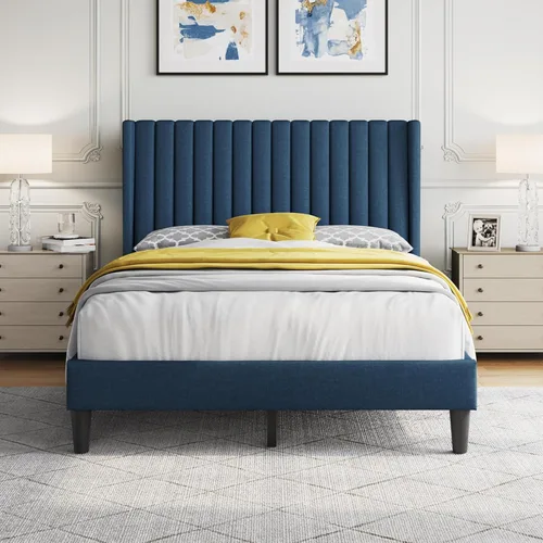 Miniatura 13 de Yaheetech - Base de cama tamaño Queen con plataforma tapizada con cabecero de tela, diseño de borde alado/Antideslizante y libre de ruido/Soporte