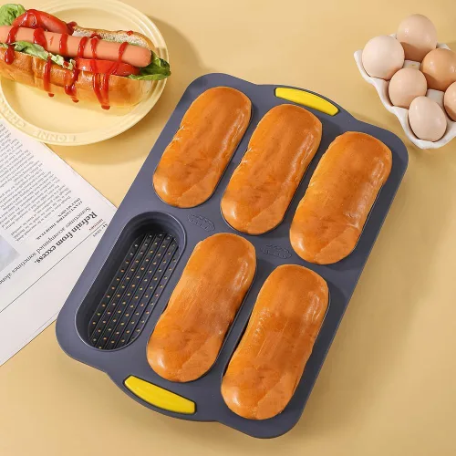 Miniatura 7 de MUJUZE Molde para bollo de perro caliente, molde de pan de 6 cavidades, molde de silicona para bollos de perro caliente, antiadherente y resistente