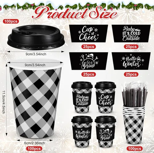 Miniatura 3 de Layhit 100 Piezas Tazas de Café Navideñas de Cuadros Buffalo, Vasos de Papel Navideños Desechables con Tapas, Fundas y Pajitas Removedoras