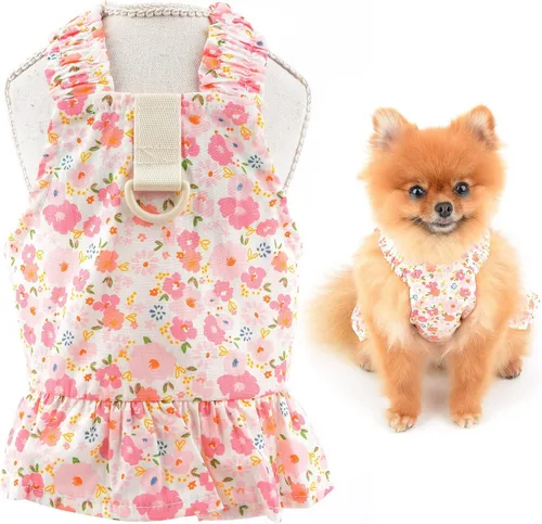 SMALLLEE_LUCKY_STORE Vestido floral de arnés para perro, lindo vestido de verano con correa para mascotas para perros pequeños, gatos y niñas con