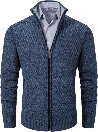 Miniatura 39 de VtuAOL Suéteres tipo cárdigan para hombre, con cremallera completa, cuello alto, cárdigan de punto casual con bolsillos